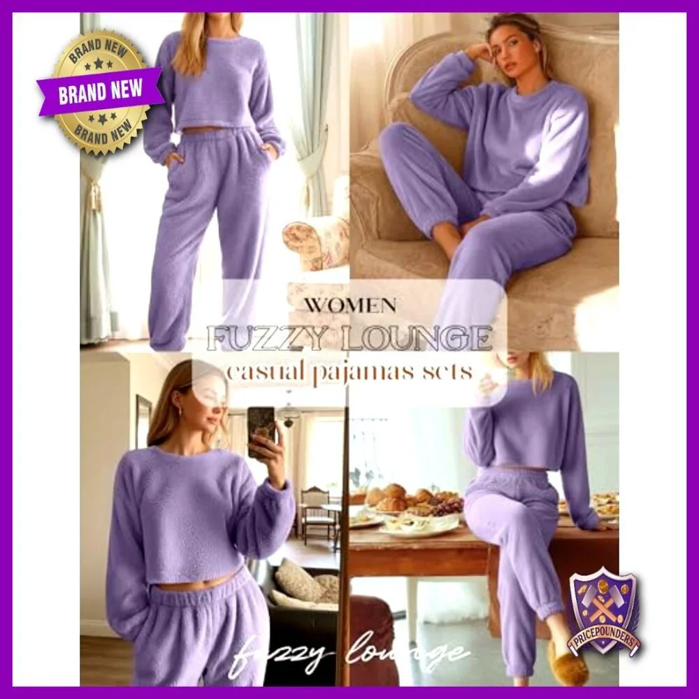 Women's Fuzzy Pajama Set Long Sleeve Crop Top Fleece Pullover Fluffy Pants